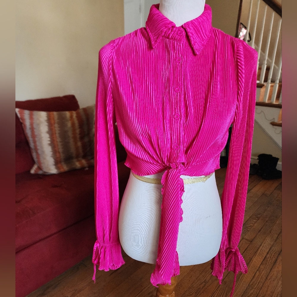 SHEIN Hot Pink Pleated Tie-Front Button Down Shirt
